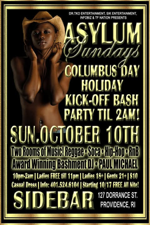 ASYLUM SUNDAYS — COLUMBUS DAY HOLIDAY KICK-OFF BASH flyer — Providence, RI