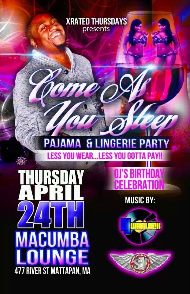 COME AS YOU SLEEP — PAJAMA & LINGERIE PARTY, OJ'S BIRTHDAY flyer — Mattapan, MA
