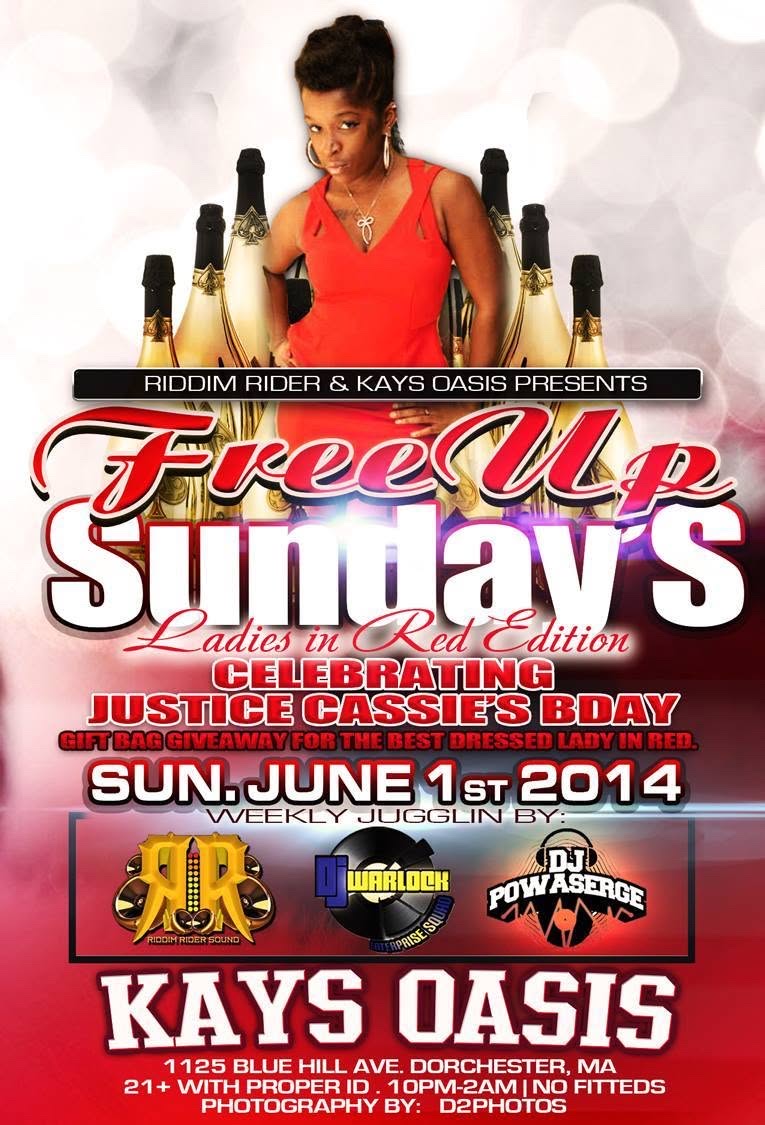 FREE UP SUNDAY'S — LADIES IN RED, JUSTICE CASSIE'S BIRTHDAY flyer