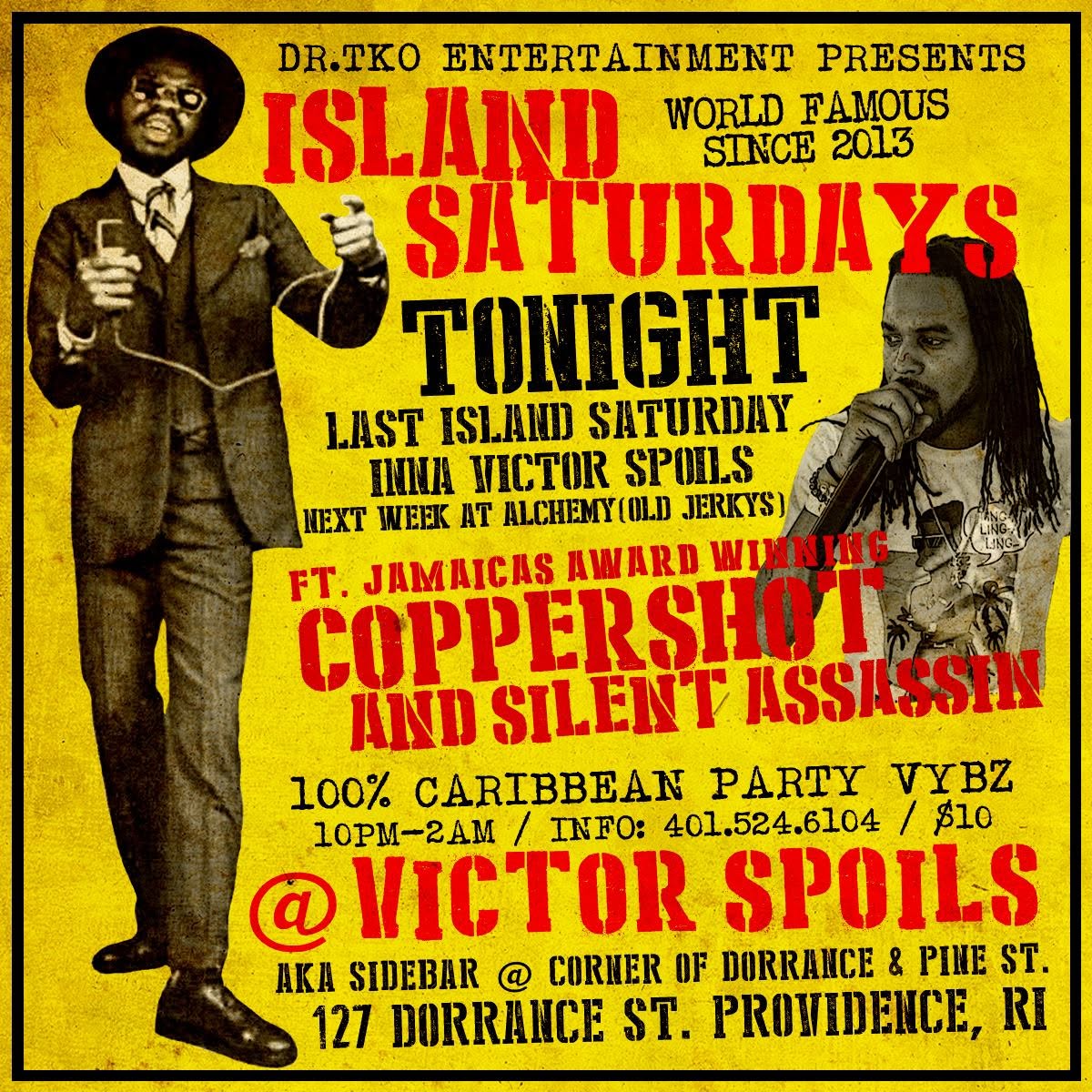 ISLAND SATURDAYS — LAST ISLAND SATURDAY AT VICTOR SPOILS flyer — Providence, RI