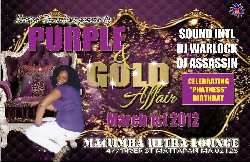 PURPLE & GOLD AFFAIR — PHATNESS & TRICK STARR BIRTHDAYS flyer — Mattapan, MA