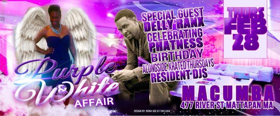PURPLE & WHITE AFFAIR — DELLY RANX, PHATNESS BIRTHDAY flyer — Mattapan, MA