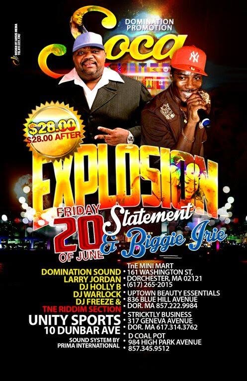 SOCA EXPLOSION — STATEMENT & BIGGIE IRIE flyer